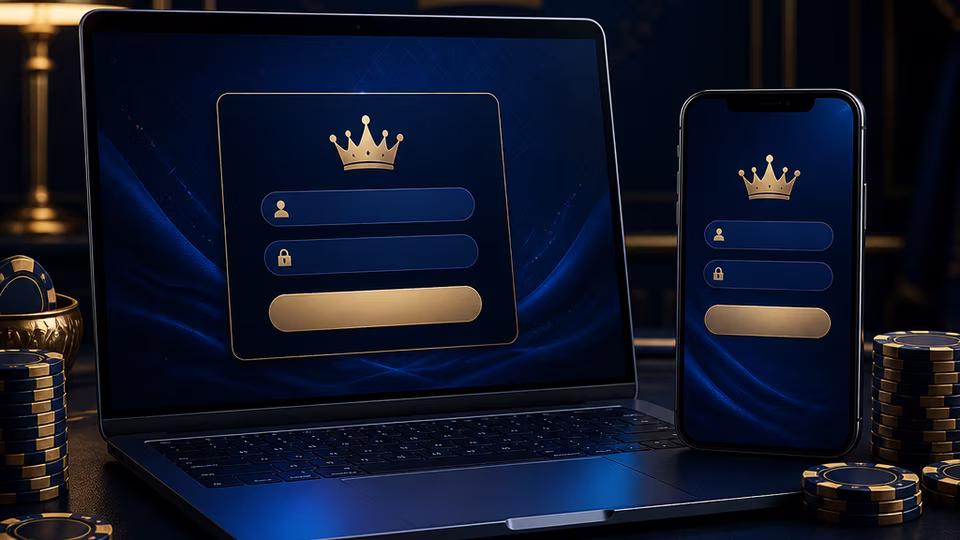 Lucky Emperor account access shown on laptop and mobile screens
