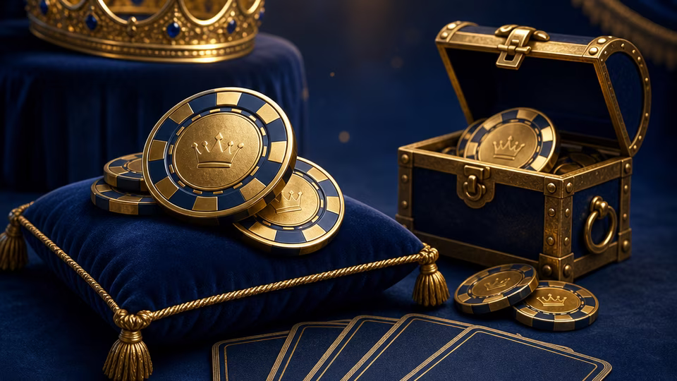 Unmarked royal blue and gold casino chips beside a small chest