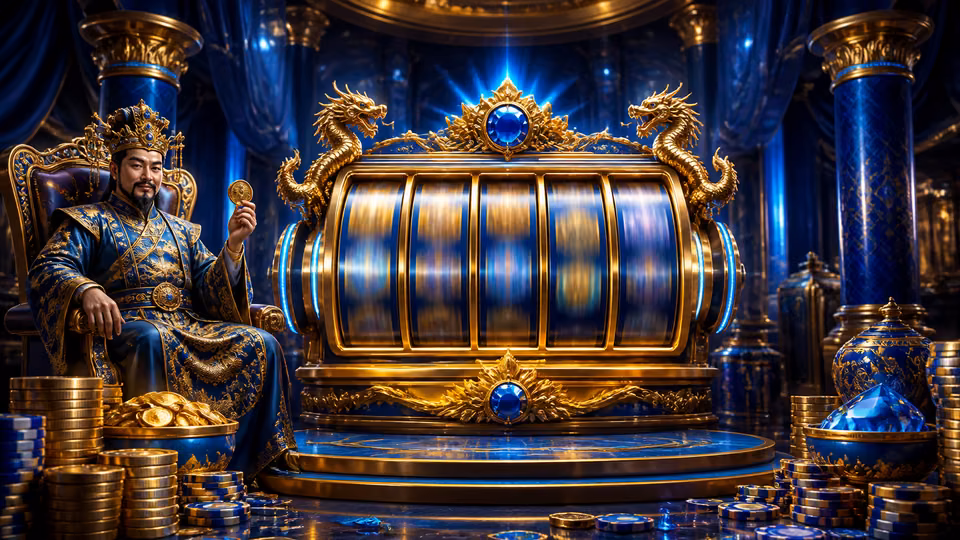 Imperial blue and gold slot machine in a royal casino setting