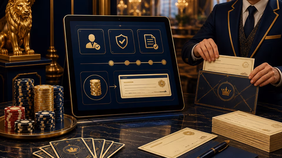 Casino cashier checks and verification shown on a tablet